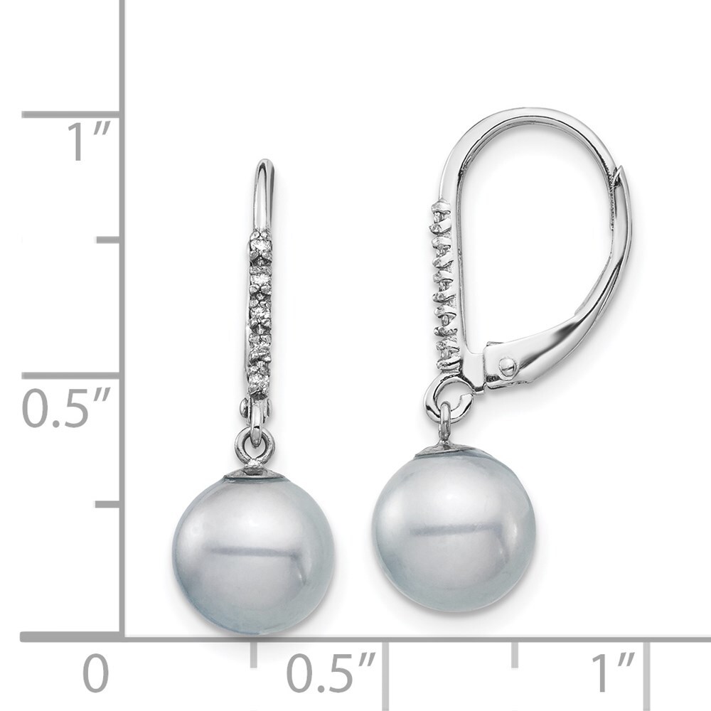 14k White Gold 8-9mm Grey Pearl .05ct Diamond Leverback Drop