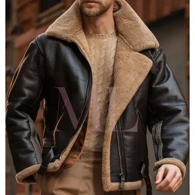 Men's RAF Brown Shearling Bomber Jacket Real Sheepskin Leather Fur Coat Handmade