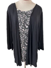 Croft Barrow knit top Size L large attached tank black white floral 3/4 sleeve