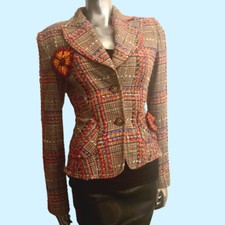 Feraud Women's Iconic Jacket Tweed Plaid Virgin Wool Blazer Uber French Chic 8