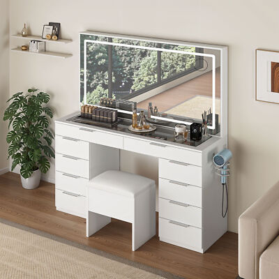 10 Drawers Vanity Desk Makeup Glass Tabletop Mirror LED Light w/ Power Outlet