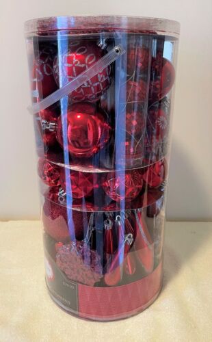 100 RED SHATTERPROOF CHRISTMAS TREE ORNAMENTS NEW IN BOX TRIM A HOME SEARS - Picture 1 of 9