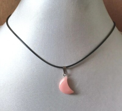 Retro Late 90's Y2K Early 2000's Style Pink Quartz Moon Pendant Cord Necklace