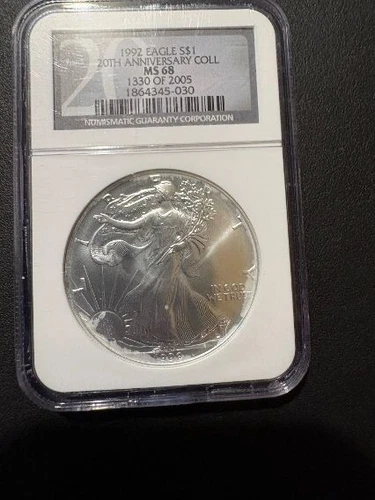 1992 $1 AMERICAN SILVER EAGLE NGC MS68 '20TH ANNIVERSARY COLL' BLACK LABEL