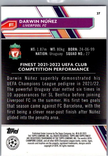 2022-23 Topps Finest UEFA UCL Purple Refractor /299 #27 Darwin Nunez Liverpool - Picture 2 of 2