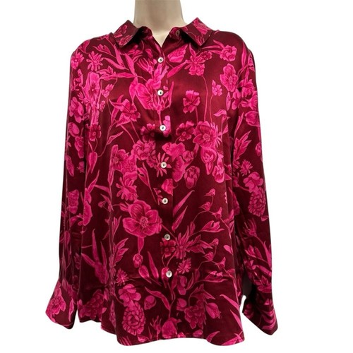 JOIE Fuchsia Pink Floral 100% Silk Charmeuse Shirt Blouse Size L Button Up