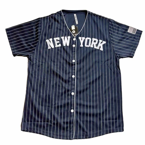 True Rock New York Pinstripe Baseball Jersey Shirt Button Down Men’s Casual Top