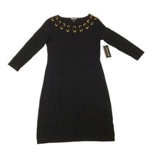 Allison Brittney Sweater Dress Midi Longsleeve Knit Gold Eyelet Boat Neck Black