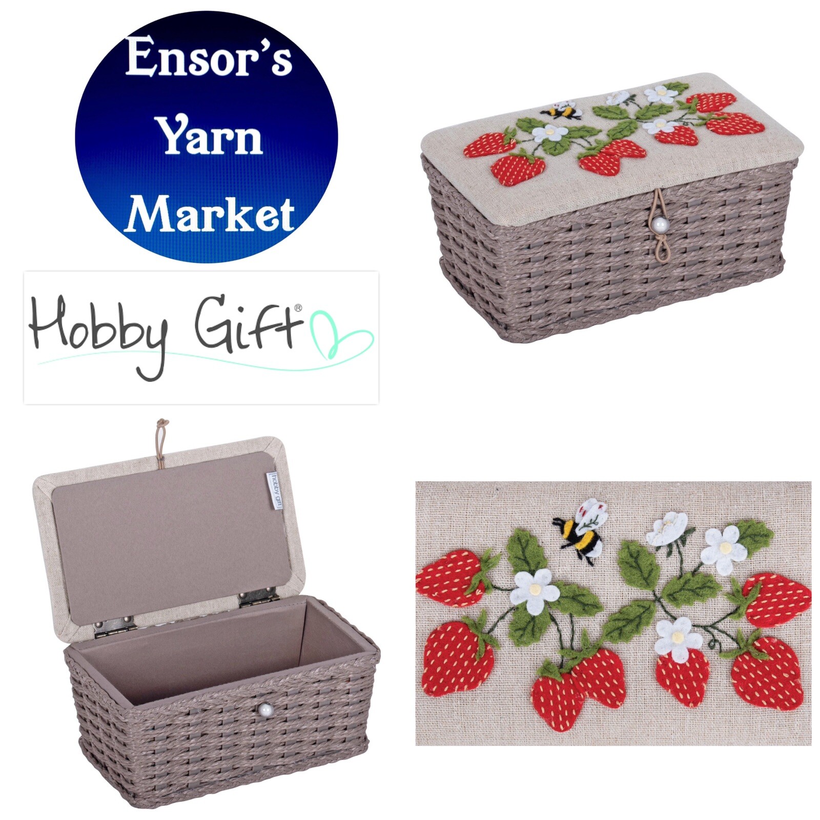 HOBBY GIFT Sewing Box - Wicker Basket Appliqué Design Strawberries