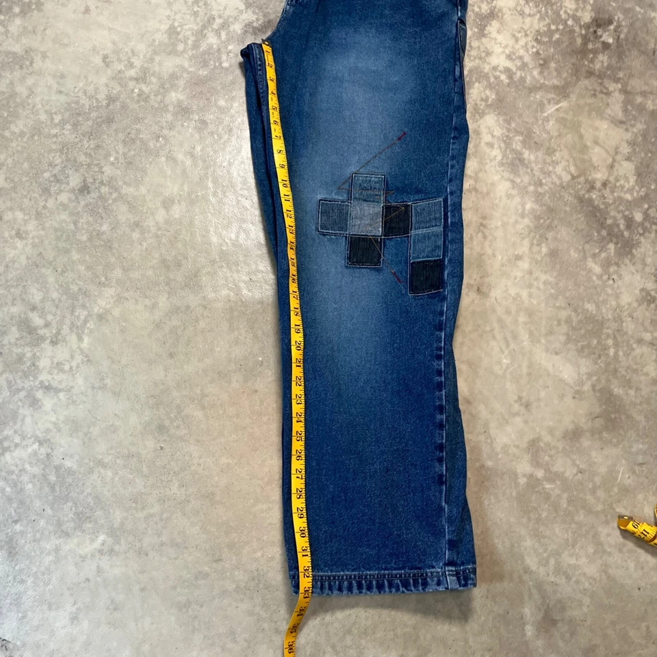 Pantalones de mezclilla PACO para hombre 36x33 azul parche deletreado pierna ancha holgados patín Y2K Foto 4 de 4