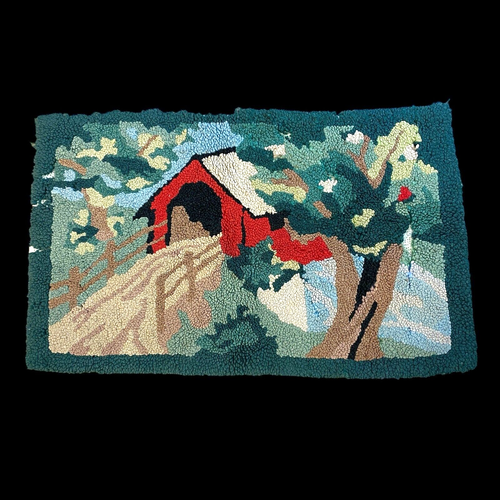 Covered Bridge VTG Handmade Rug Latch Hook Country 21x35 MCM Retro