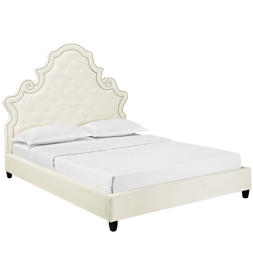 Modway Valentina Performance Velvet Tufted Queen Platform Bed in Ivory - Bild 2 von 5