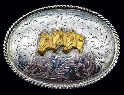 3 Horses Western Cowboy Cowgirl Vintage Belt Buckle