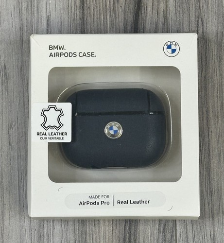 BMW Airpods Pro Case Cover Navy Blue Real Leather Metal Logo, Brand New
