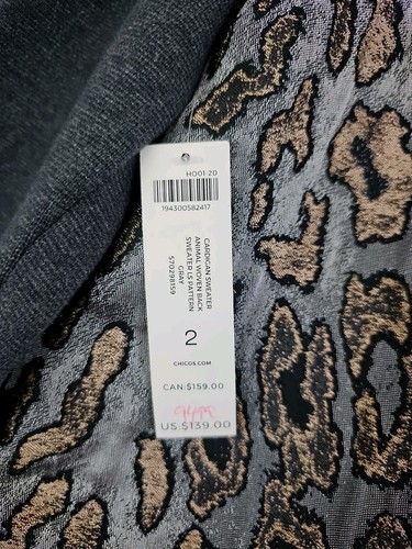 CHICO'S ~Size 2(US L)~ Gray Knit Open Front Long Cardigan Animal Woven Back NWT - Picture 7 of 20