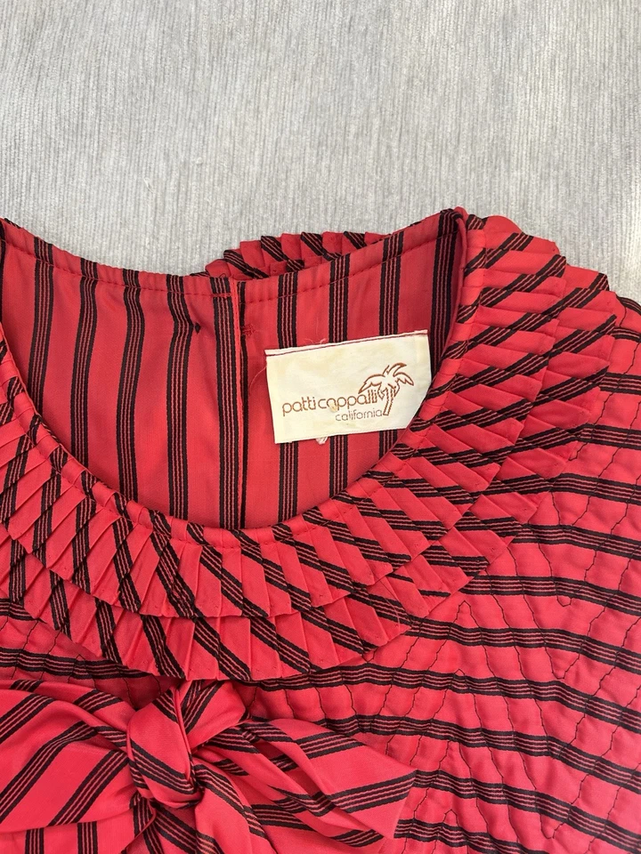 Винтажный Patti Cappalli красный черный в полоску комбинезон Puff рукав бант шеи со складками - Изображение 3 из 4