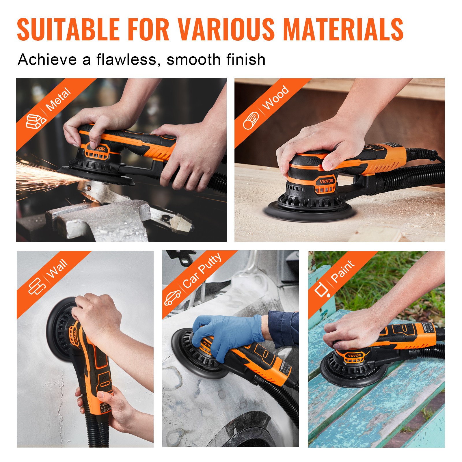 VEVOR Random Orbital Sander 5" & 6" Brushless Sander Sander 10000PRM 6 Speed