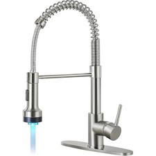 DJS Kitchen Faucets with Pull Down Sprayer Brushed Nickel LED Light Single Ha...