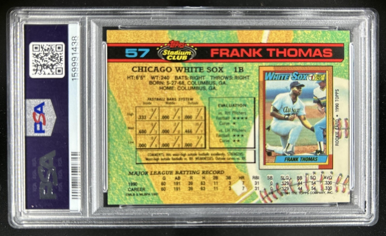 1991 Topps Stadium Club Frank Thomas #57 White Sox PSA 9 view 2