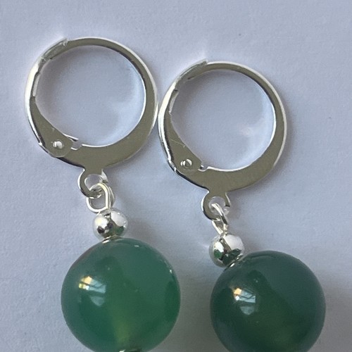 925 Sterling Silber 10 mm grüner Achat Edelstein Perlen Ohrringe, Leverback