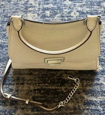 DKNY Beige Pebbled Shoulder Bag Medium Top Handle Push Lock Silver Chain Strap
