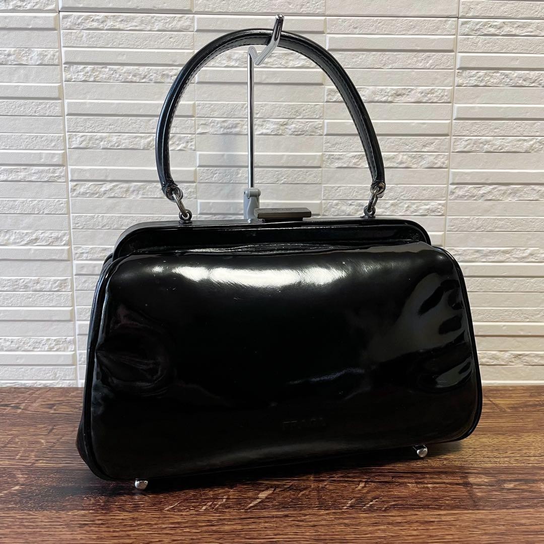 Prada Patent Leather Handbag Black Frame Bag Kiss Lock Top Handle