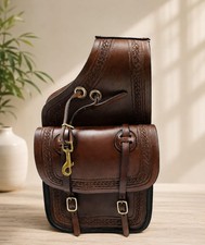 Handmade Brown Leather Attrective Western Tooled Saddle Bag For Horse.