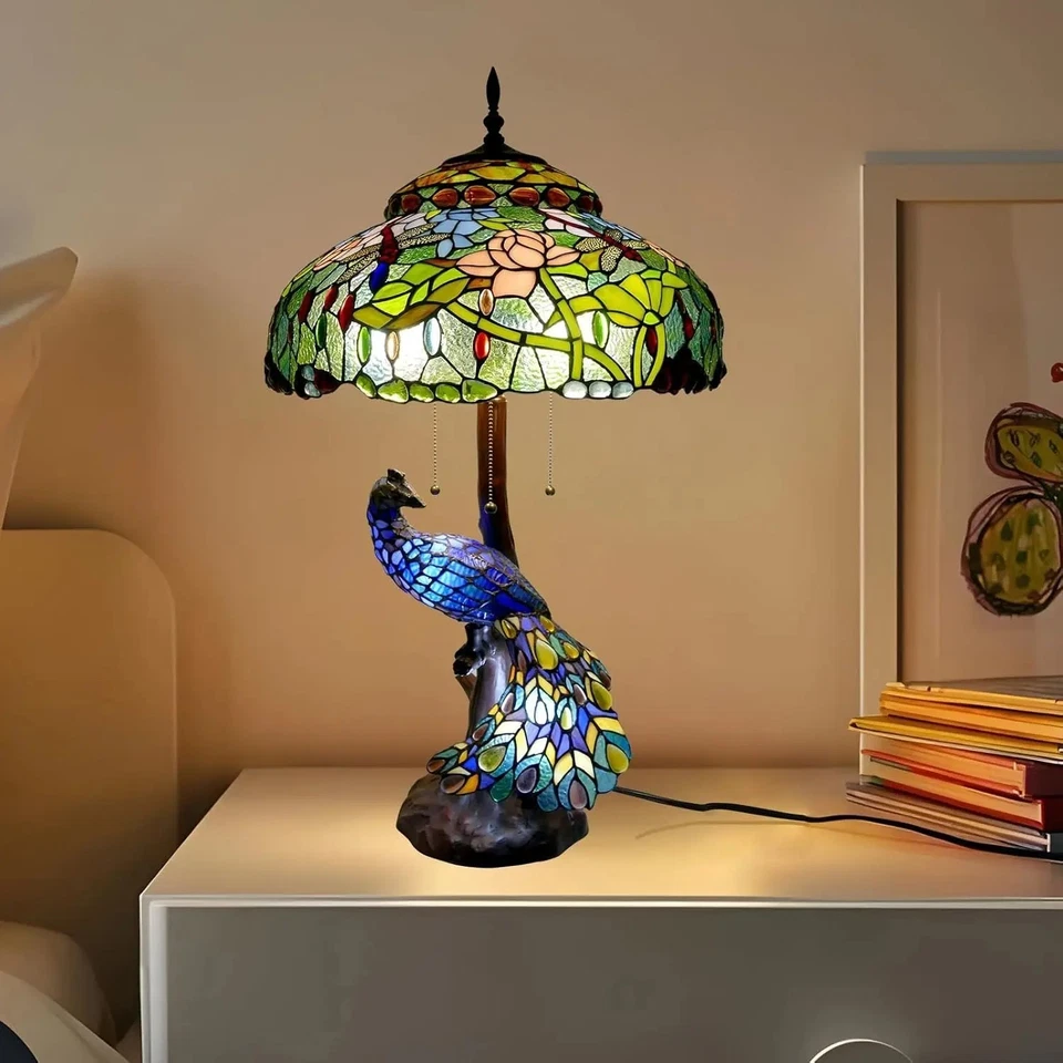 Tiffany Bird Glass Vibrant Blue Peacock Figurine Decorative Table Desk Lamp - Image 2 of 4