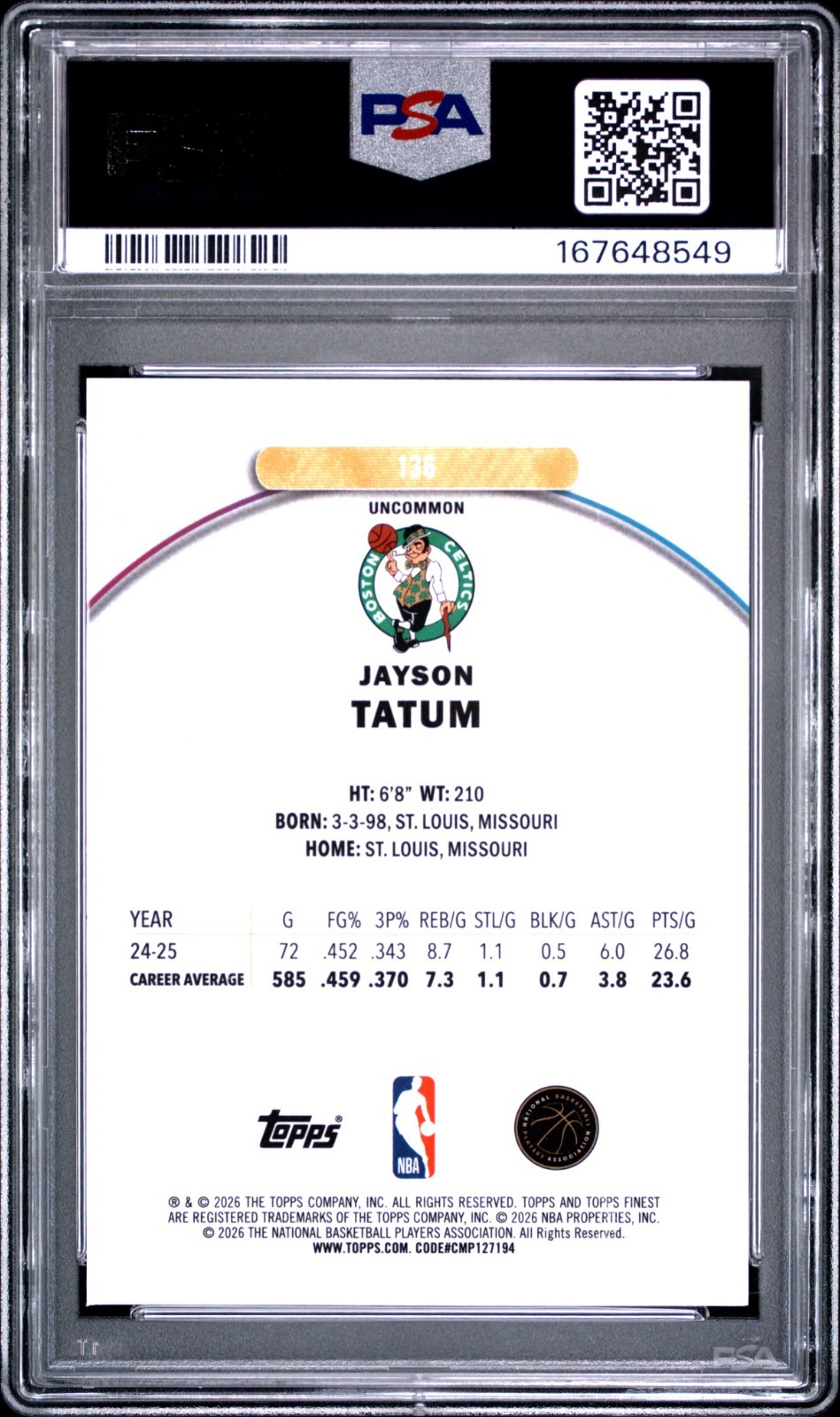 2025 TOPPS FINEST 136 JAYSON TATUM GOLD REFRACTOR PSA 10 view 2