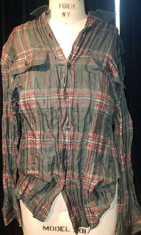 R13 Green Red Silver Metallic Fiber Button Up  Wrinkles Plaid Check M