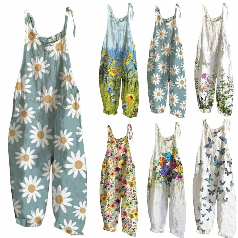 Damen Boho Jumpsuits Floral Ärmellos Overall Freizeit Weites Bein Hosen Playsuit - Bild 3 von 4