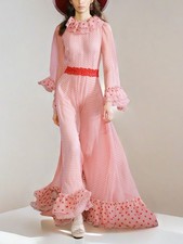 Retro Court Pink Dress Slim Fit Long Skirt Big Swing Long Sleeved Printed Skirts