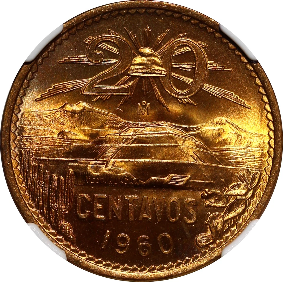 MÉXICO Bronce 1960 Mo 20 Centavos NGC MS66 RD BONITO ROJO COMPLETO BU KM# 440 (007) Foto 4 de 4