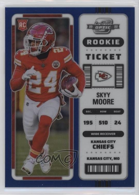 2022 Panini Contenders Optic Rookie Ticket Blue Prizm 77/99 Skyy Moore #91 3hd