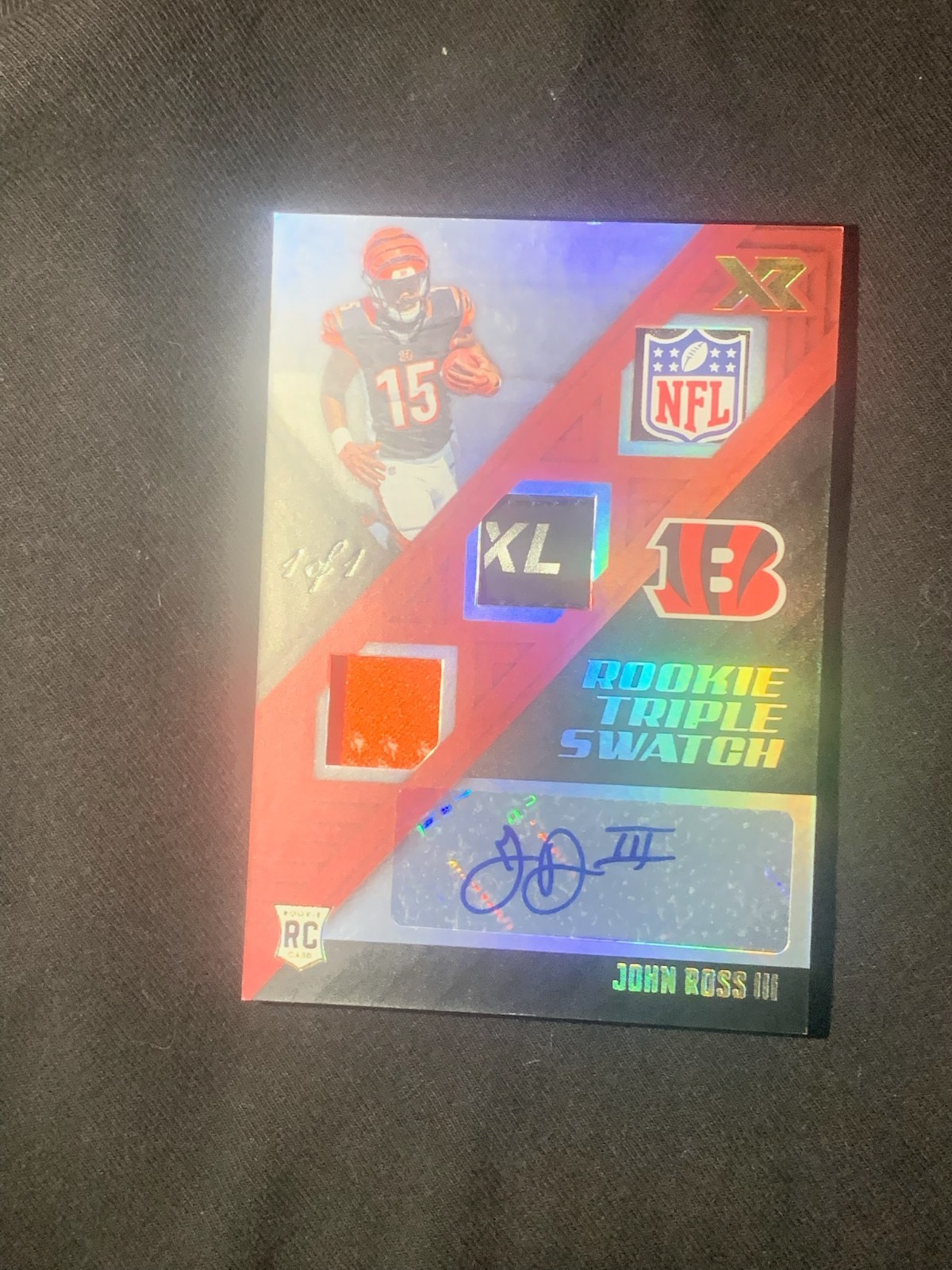 Panini 2017 XR John Ross III Rookie Triple Swatch Auto 1/1 NFL LOGO/Tag Patch view 3