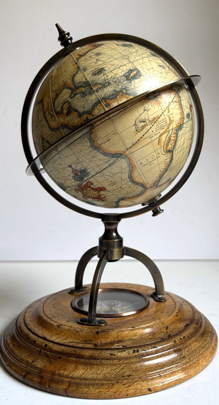 Terrestrial Globe, Compass built into Wood Base, Bronze Fittings, H-8.5" Base 6"