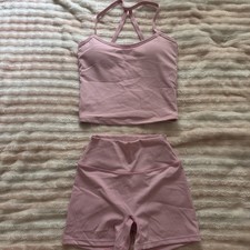 Women Pink Exercise Set of 2 Sports Bra Crop Top Short Legging Sz S Yoga Gym