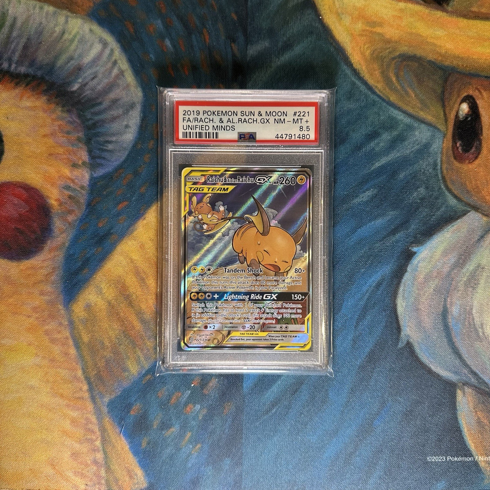 Pokemon Sun & Moon Unified Minds 221 Tag Team Raichu & Alolan Raichu GX PSA 8.5