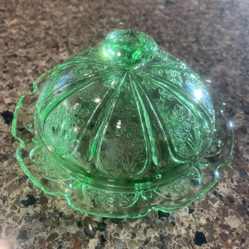 Depression Glass Jeannette "Cherry Blossom" Green Butter Dish with Lid