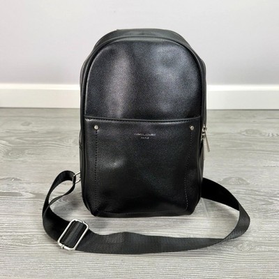David Jones Paris Black Faux Leather 12'' Sling Backpack Crossbody Travel Bag