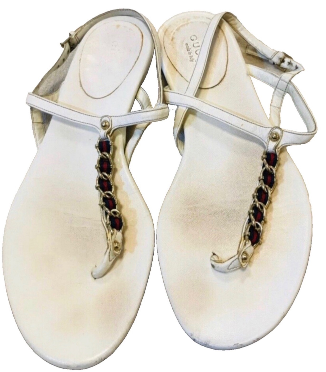 Gucci Ladies Thong Flat Green Red Chain Stripe Thong White Sandals SZ 36 thumbnail 3