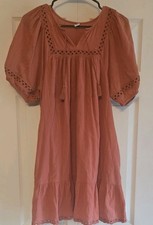 Eyelet Tiered Mini Tassle Dress Puff Sleeve Orange Boho Sz M Old Navy cotton
