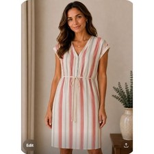 Y2K Striped Linen Blend Dress M 8-10 Multi Color Beachy Casual Boho Vacation