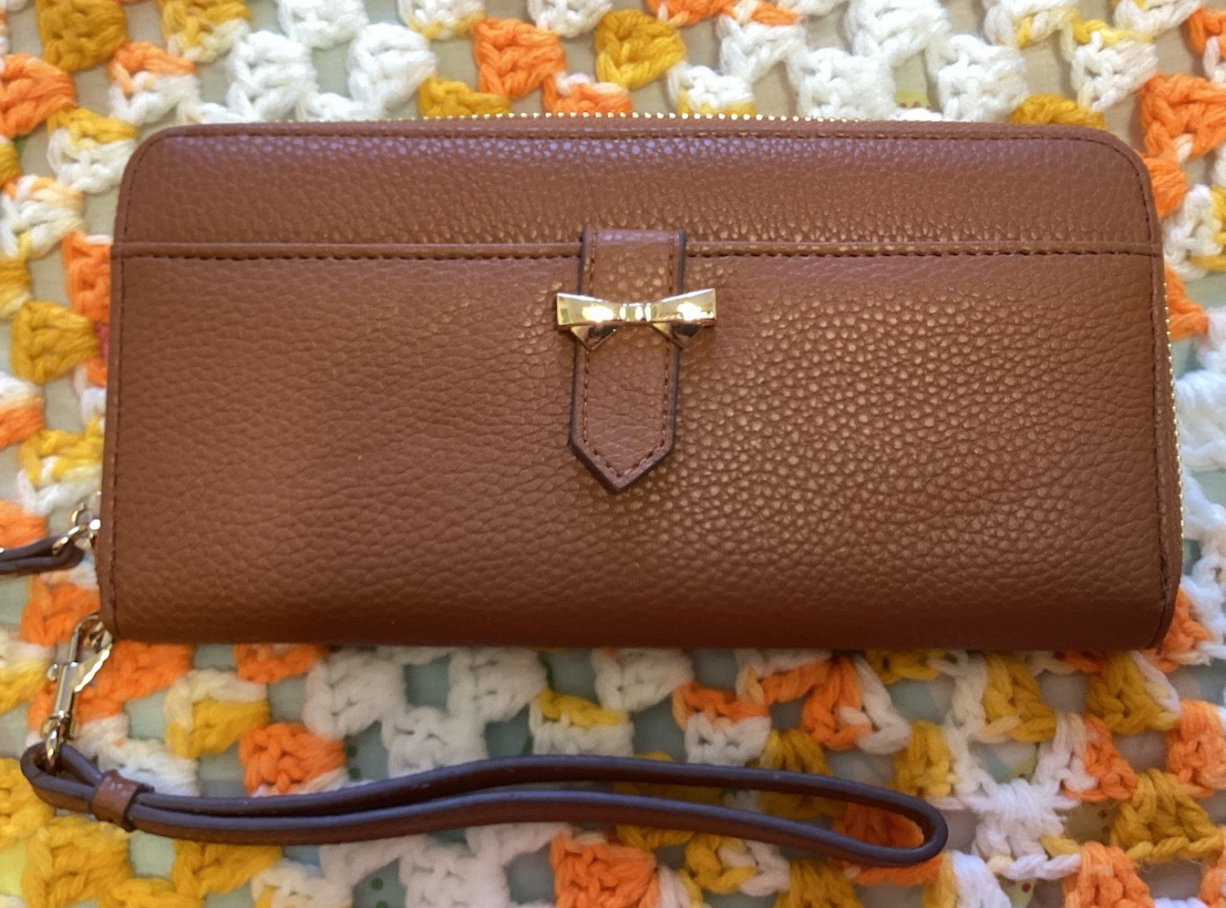 Anne Klein Faux Leather Handbag Purse Brown Gold Bow Accent Zip Closure