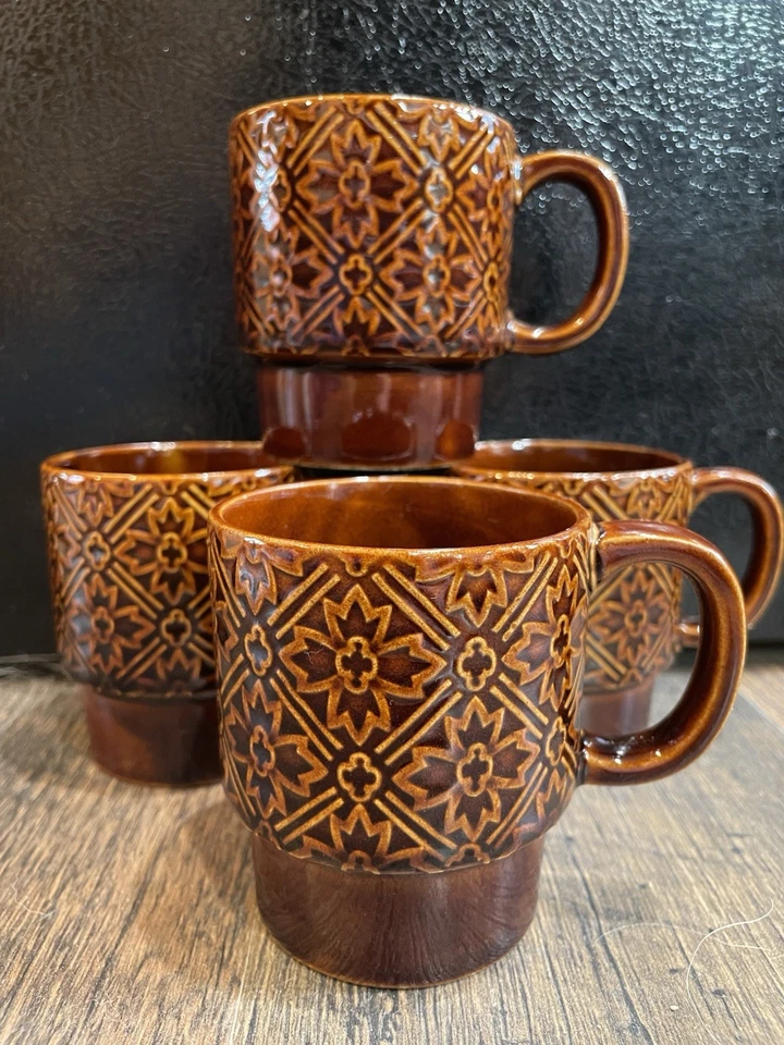 4 tazas de café tazas DE COLECCIÓN RETRO Japón APILABLES florales REPUJADO marrón liso Foto 2 de 4