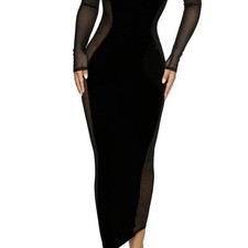 Naked Wardrobe Women's Black Mesh Long Sleeve Bodycon Maxi Dress XS