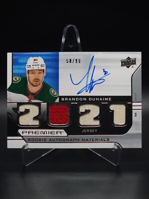 Brandon Duhaime 2021-22 UD Premiere Hockey Rookie Autograph Materials RC #50/99