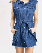 PRETTY LITTLE THING Denim Raw Hem Edge Short Dress With Pockets And Belt Size 10