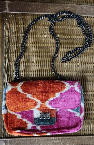 Silk Velvet Ikat Coco Fluffy Hand Made Mini Purse Bag Orange Pink Shoulder Chain - Picture 2 of 9