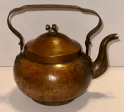 Vintage Copper and Metal Tea Kettle Pot Handmade Hammered Rustic Wood Stove